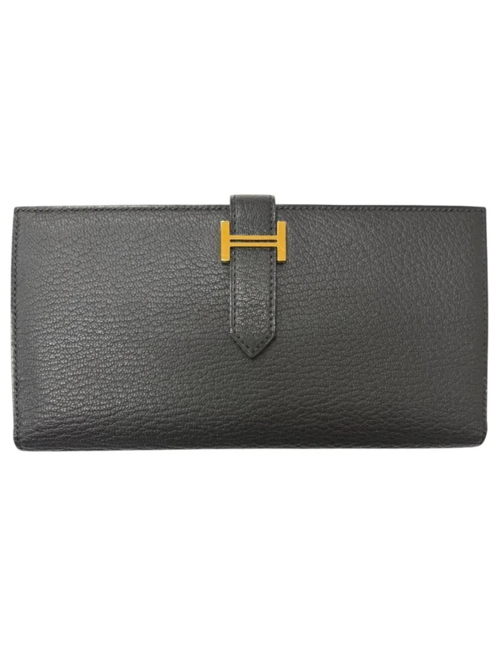 Hermes Bearn Souffle Chevre Logo Gold Wallet Leather Black
